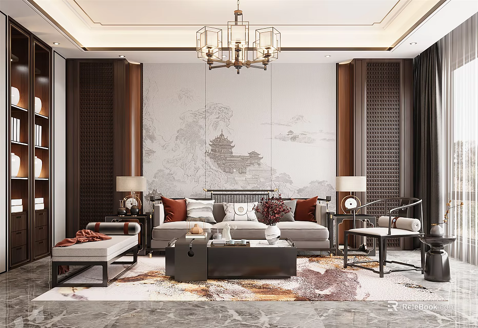 Traditional Chinese Living Room Interior With Landscape Wall Painting Chandelier And Coffee Table 3d model 