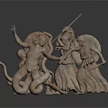 Ancient Terracotta Sculpture Carving with Diverse Human Figures Holding Weapons Running and Dynamic Poses