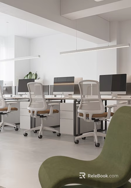 Modern Public Office Space With Workstations Ergonomic Chairs Computers And Potted Plants 3d model