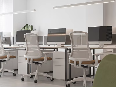 Modern Public Office Space With Workstations Ergonomic Chairs Computers And Potted Plants 3d model