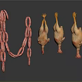 Fresh String of Sausages and Hanging Raw Chicken as Culinary Ingredients on White Background
