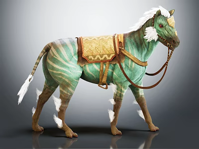 Green Zebra Striped Mythical Horse With Golden Saddle And White Feather Decorations 3d model