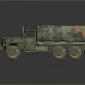 Military Truck with Camouflage Paint Canvas Covered Cargo Bed and Multiple Wheels