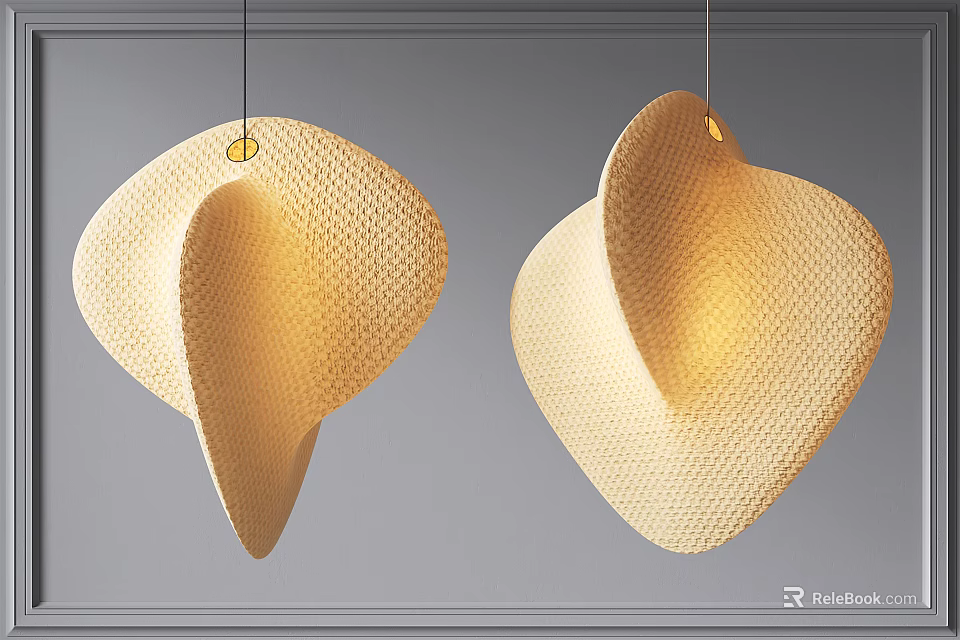 Two Woven Pendant Lights with Irregular Sculptural Design in Warm Beige for Modern Interior 3d model 