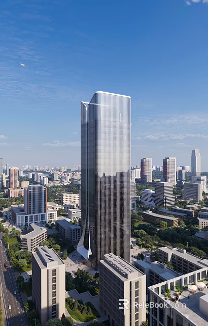 Aerial View Planning of Modern Tall Skyscraper with Glass Curtain Wall in Urban Cityscape 3d model 