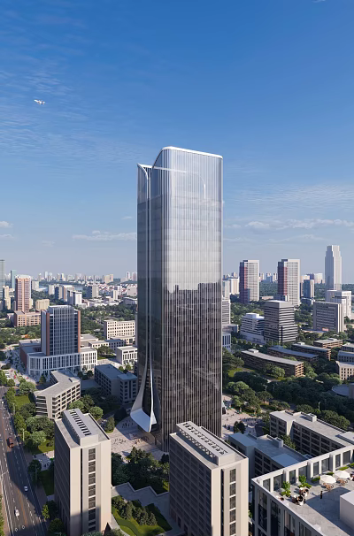 Aerial View Planning of Modern Tall Skyscraper with Glass Curtain Wall in Urban Cityscape 3d model