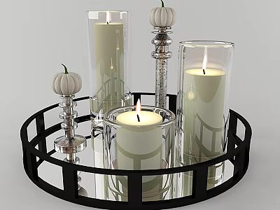 Chic Decorative Ornament Set With Round Tray Glass Candle Holders Metal Stands And Pumpkin Decor 3d model