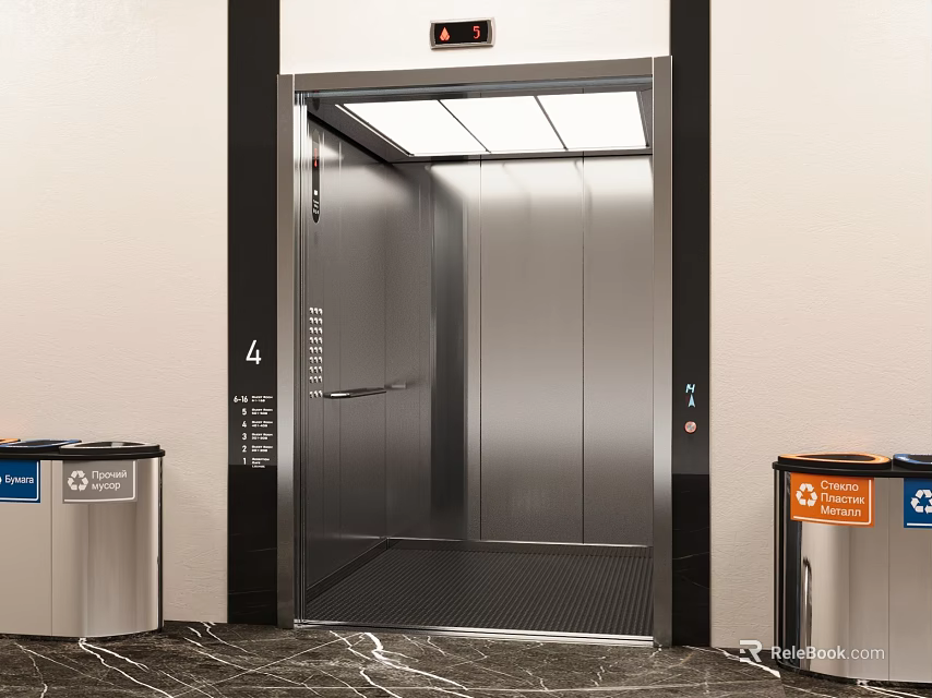 Modern Metallic Elevator Interior On Fourth Floor With Trash Bins 3d model