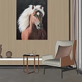 Elegant Accent Chair Living Area With Horse Painting Side Table Throw Pillow And Wooden Wall