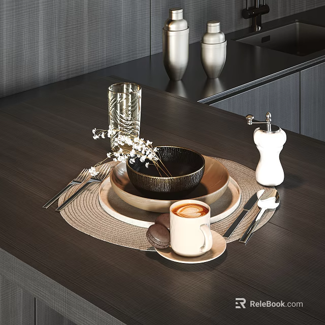 Elegant Dining Tableware Set With White Coffee Mug Black Bowl Plate Cutlery And Glass Vase 3d model 