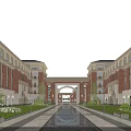 Red Brick School Building With Arched Doors Green Trees And Street Lamps Under Blue Sky