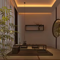 Traditional Teahouse Featuring Marble Front Desk Landscape Painting Backdrop Japanese Shoji Doors And Wooden Bookshelf