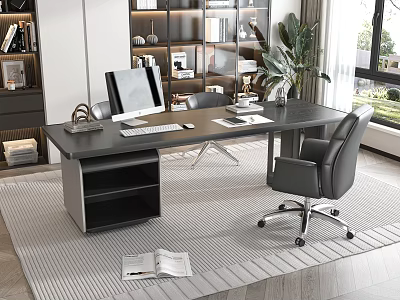 Modern Office Desk with Monitor Keyboard Mouse Glass Shelf Books Green Plant and Chair 3d model