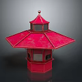 Red Traditional Pavilion Structure With Multi layered Roof And Spire Top Windows