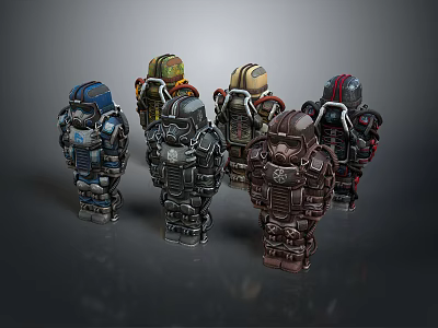 Six Sci Fi Robot Game and Movie Characters With Different Colors Designs Backpacks and Equipment 3d model