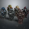 Six Sci Fi Robot Game and Movie Characters With Different Colors Designs Backpacks and Equipment