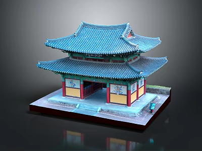 Traditional Chinese Architectural Model Featuring Blue Roof Red Pillars Yellow Decorations And Multi layered Base Platform 3d model