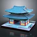 Traditional Chinese Architectural Model Featuring Blue Roof Red Pillars Yellow Decorations And Multi layered Base Platform