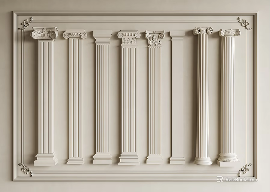 Classical White Columns With Different Styles In Detailed Decorative Frame Architectural Design 3d model 