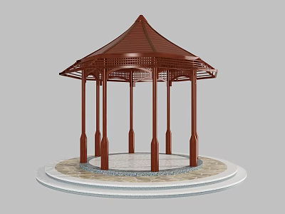 Traditional Brown Pavilion With Pointed Roof And Multiple Pillars On Circular Base 3d model