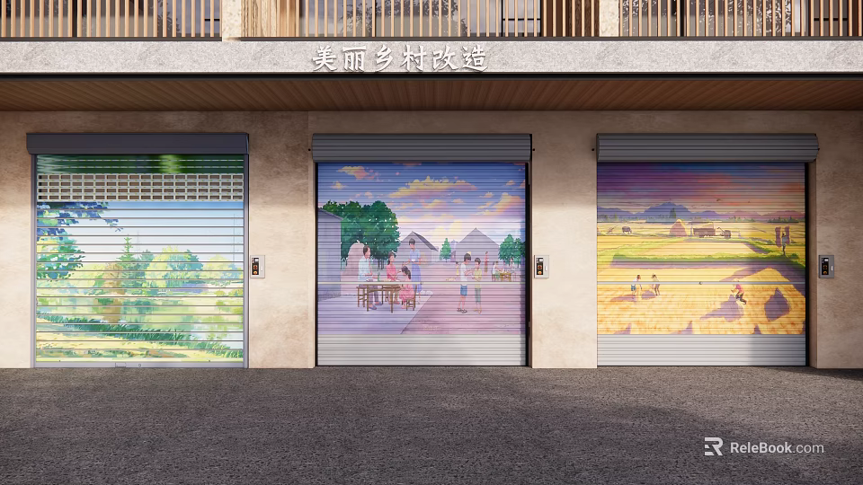 Beautiful Rural Storefront With Painted Roller Shutter Doors And Village Scenery 3d model 