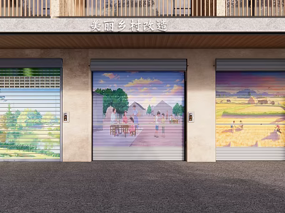 Beautiful Rural Storefront With Painted Roller Shutter Doors And Village Scenery 3d model