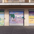 Beautiful Rural Storefront With Painted Roller Shutter Doors And Village Scenery