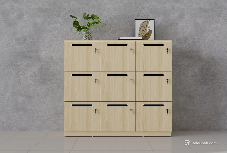 Wooden Storage Cabinet With Multiple Doors And Decorative Items On Top 3d model 