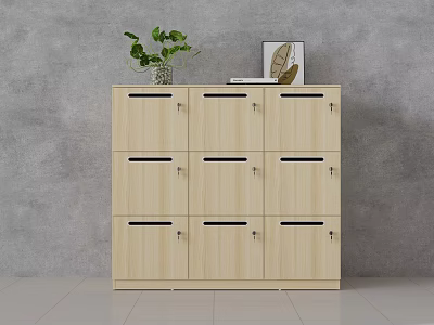 Wooden Storage Cabinet With Multiple Doors And Decorative Items On Top 3d model