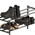 Various Style Shoes Arranged On Black Metal Multi Layer Shoe Rack