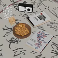 Decorative Ornament Set With Peanut Bowl Books Metal Grid Golden Rack On Calligraphy Pattern Surface