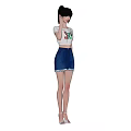 A Woman in White T-shirt with SUN Print Blue Denim Skirt and White High Heels