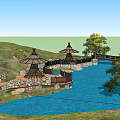 Scenic Road Facilities With Wooden Bridge Thatched Pavilions And Stone Structures By Water