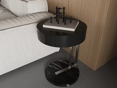 Round Black Side Table With Metal Base Marble Top Book And Decorative Items Beside Sofa 3d model