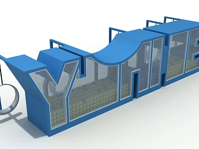 Blue Letter Shaped Kids Play Equipment With Transparent Windows And Yellow Balls 3d model