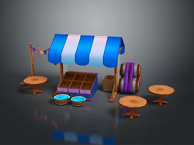 Food Stall Featuring Blue White Striped Awning Shelves Wooden Barrels And Small Round Tables 3d model