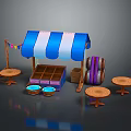 Food Stall Featuring Blue White Striped Awning Shelves Wooden Barrels And Small Round Tables