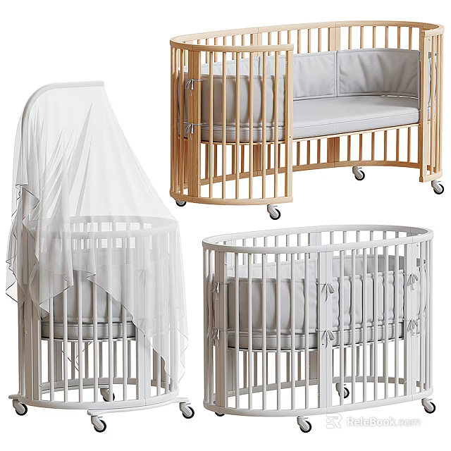 Elegant Baby Cribs With White Canopy Wooden Frame Soft Mattress And Wheels 3d model 