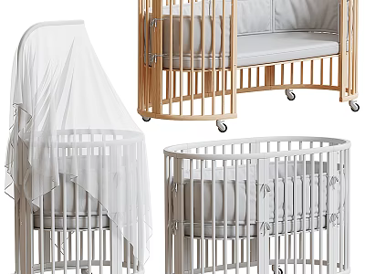 Elegant Baby Cribs With White Canopy Wooden Frame Soft Mattress And Wheels 3d model
