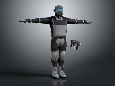 Game Movie Character In Futuristic Protective Suit With Helmet Goggles Knee Pads Boots And Gun 3d model
