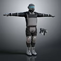 Game Movie Character In Futuristic Protective Suit With Helmet Goggles Knee Pads Boots And Gun