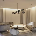 Modern Living Room Interior Design With Large Windows Sea View Round Sofas And Chandelier