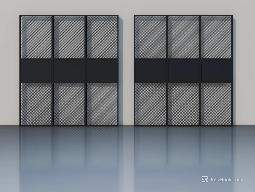 Modern Swing Door Design With Grid Pattern Glass Panels And Black Frame 3d model 
