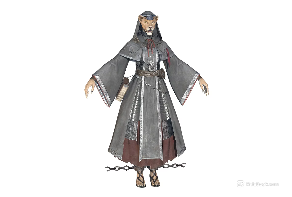 Mystical Beast Character Design With Lion Head And Gray Robe Chains Belt 3d model 