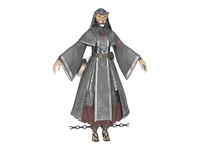 Mystical Beast Character Design With Lion Head And Gray Robe Chains Belt 3d model