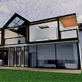 Modern Homestay Building Exterior With Glass Facade Palm Tree And Balconies
