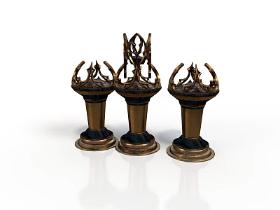 Three Antique Bronze Candelabra With Intricate Ornate Sculpted Tops And Base 3d model