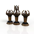 Three Antique Bronze Candelabra With Intricate Ornate Sculpted Tops And Base