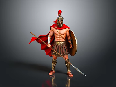 Man Dressed As Roman Soldier With Red Cape Helmet Shield And Spear 3d model