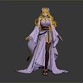 Game Movie Character With Long Blonde Hair In Elegant Purple Kimono Outfit Holding Sword